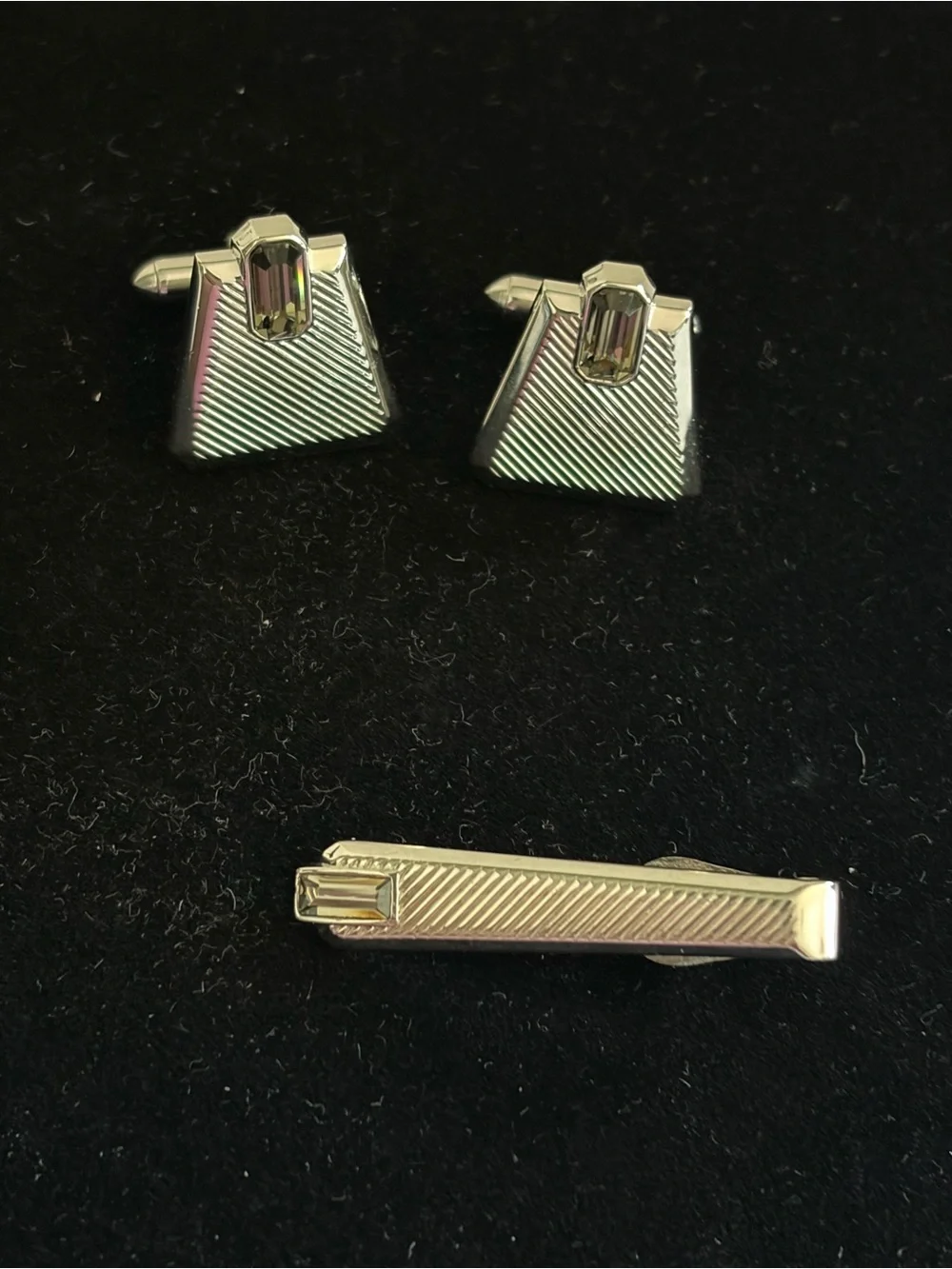 SWANK Silver Tone Cufflinks and Tie Clip with Rectangular Clear Stones